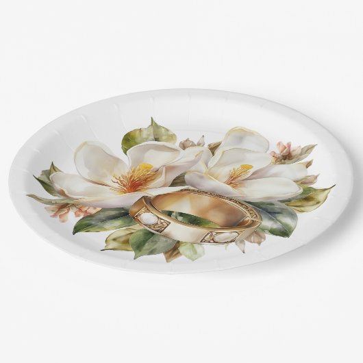 Magnolia's en gouden trouwringen bruiloft papieren bordje (Gekanteld)
