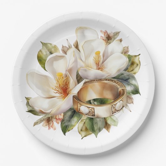 Magnolia's en gouden trouwringen bruiloft papieren bordje (Voorkant)
