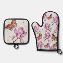 Magnolia's en vlinders, waterverfpatroon ovenwant & pannenlap set
