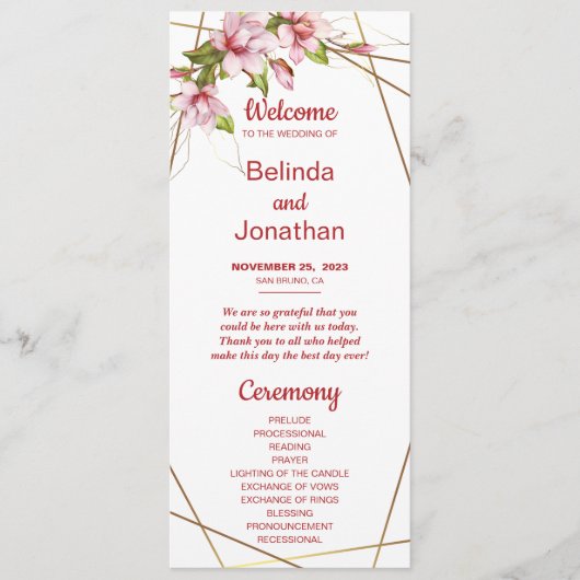 Magnolias Faux Gold Foil Lijst Rustic Wedding Programmakaart (Voorkant)