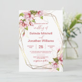 Magnolias met Faux Gold Foil Lijst Rustic Wedding Kaart (Staand voorkant)