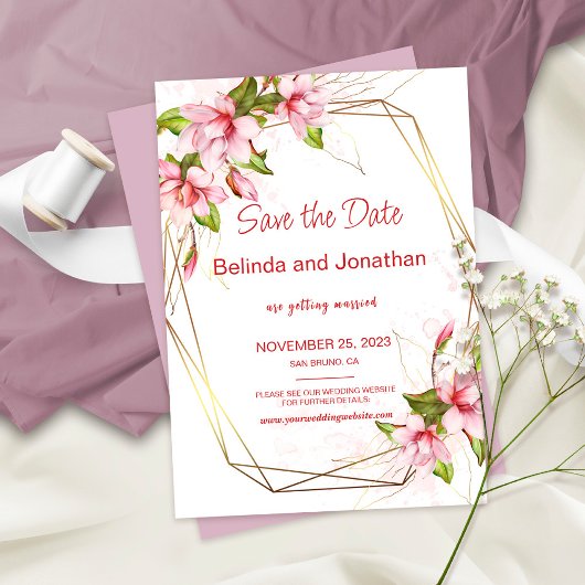 Magnolia's met namaakgoud-folie frame rustieke bru save the date