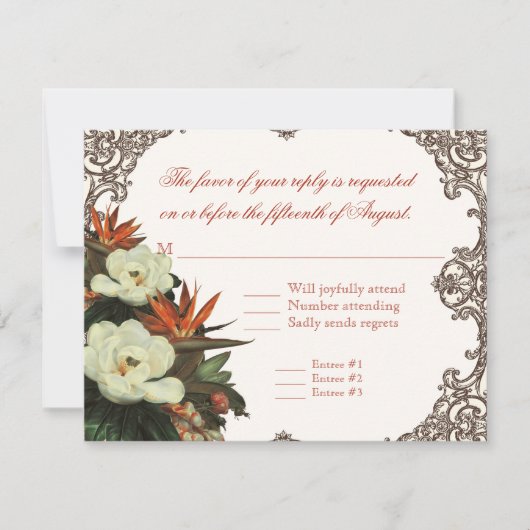 Magnolias n Bird of Paradise - Custom Wedding RSVP Kaartje (Voorkant)