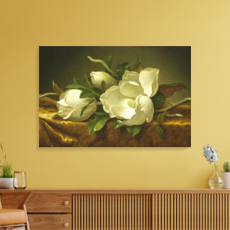 Magnolias on Gold Velvet Cloth by MJ Heade Canvas Afdruk