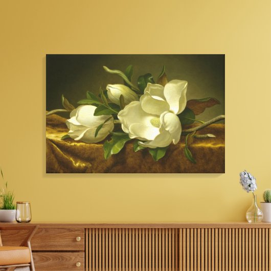 Magnolias on Gold Velvet Cloth by MJ Heade Canvas Afdruk (Insitu (Woonkamer))