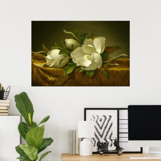 Magnolias on Gold Velvet Cloth by MJ Heade Poster