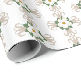 Magnolias op Crosses Floral Pattern Greige | wit Cadeaupapier