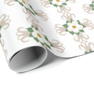 Magnolias op Crosses Floral Pattern Greige   wit Cadeaupapier