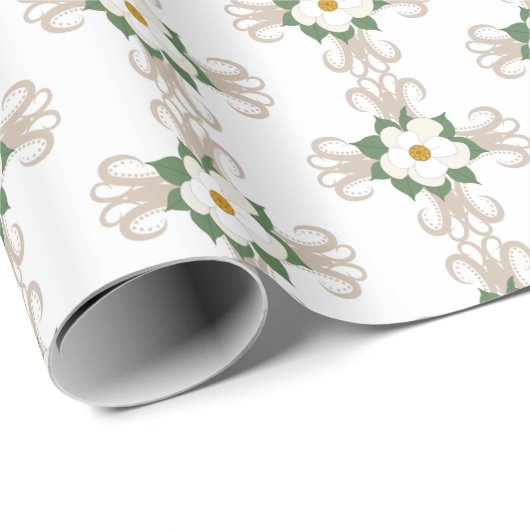 Magnolias op Crosses Floral Pattern Greige | wit Cadeaupapier (Rol Hoek)