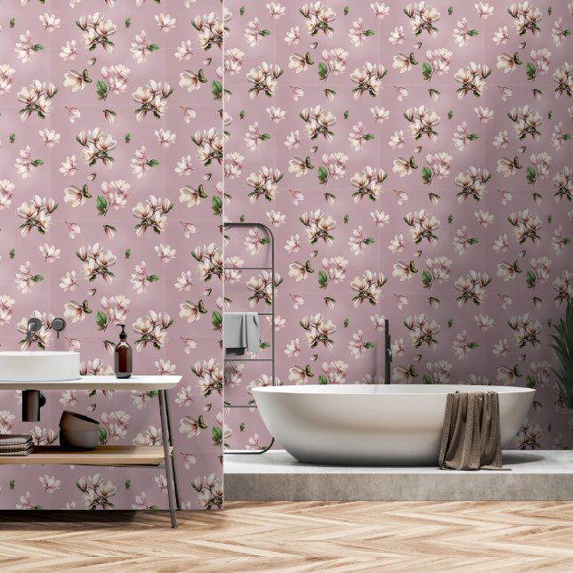 Magnolia's op Mauve Behang (Badkamer)