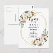 Magnolias Pink Roses Gold Geo Lijst Bewaar de datu Briefkaart (Voorkant / Achterkant)