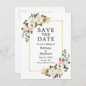 Magnolias Roze Rozen Goud Lijst Save The Date Briefkaart (Voorkant / Achterkant)
