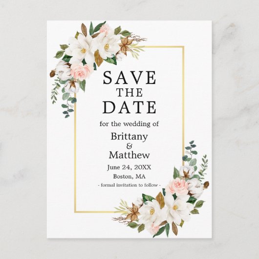 Magnolias Roze Rozen Goud Lijst Save The Date Briefkaart (Voorkant)
