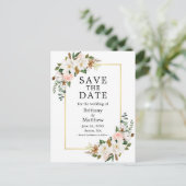Magnolias Roze Rozen Goud Lijst Save The Date Briefkaart (Staand voorkant)