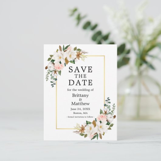 Magnolias Roze Rozen Goud Lijst Save The Date Briefkaart (Staand voorkant)