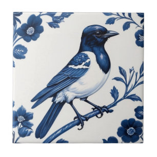 Magpie als Bird Delfts Blauw en Witte Bloemen Tegeltje