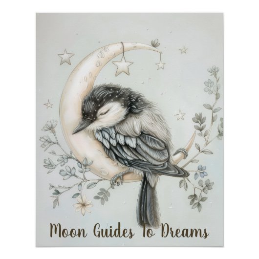 Magpie vogel baby slapen op Moon Perfect Poster (Voorkant)