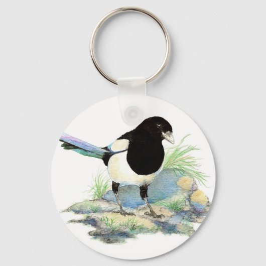 Magpie - Waterverf Bird Sleutelhanger (Voorkant)