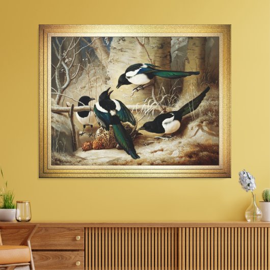Magpies rond een dood Vrouw auerhoen Canvas Afdruk (Insitu (Woonkamer))