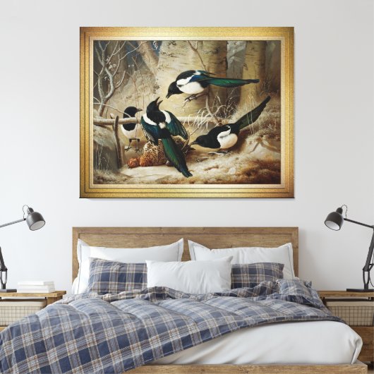 Magpies rond een dood Vrouw auerhoen Canvas Afdruk (Insitu (Slaapkamer))