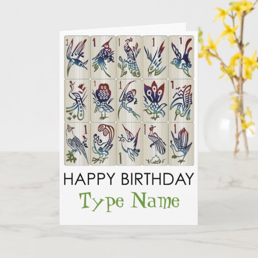 Mah Jongg One Bam Birds Birthday Kaart (Gele Bloem)