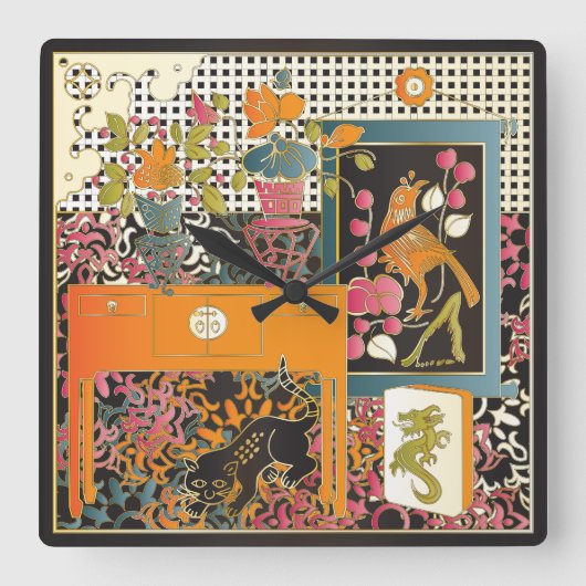 Mah Jongg Oranje Table Vierkante Klok (Voorkant)