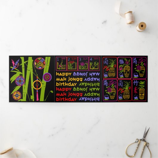 Mah Jongg Seasons Birthday Drieluik Kaart (Buitenkant)