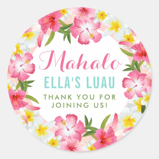 Mahalo Tropisch Roze Bloemen Lei Dank u Ronde Sticker (Voorkant)