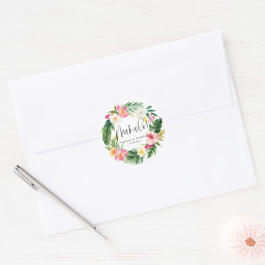 Mahalo Tropische bloemen en groen bruiloft Ronde Sticker (Envelop)