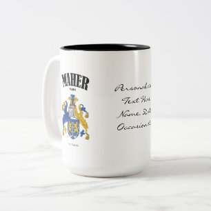 Maher Family Crest, Vertaling & Betekenis Tweekleurige Koffiemok
