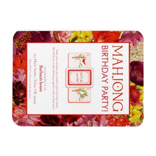 Mahjong Birthday Party Invitation, Floral Magneet (Horizontaal)