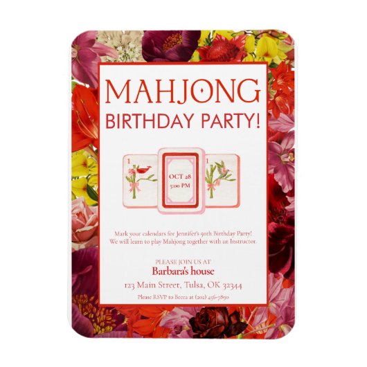 Mahjong Birthday Party Invitation, Floral Magneet (Verticaal)