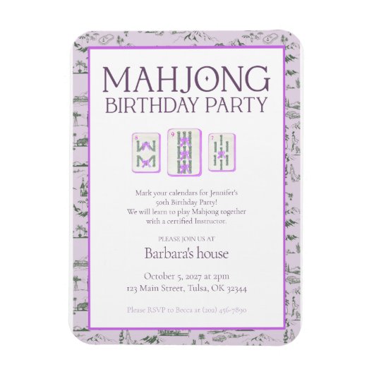 Mahjong Birthday Party Invitation, purple toile Magneet (Verticaal)