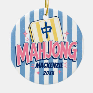 Mahjong Blauw Gestreepte Kerst Keramisch Ornament