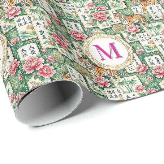 Mahjong Chinoiserie Floral Monogram Personalized Cadeaupapier (Rol Hoek)