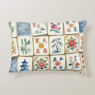 Mahjong Chinoiserie Tegels Waterverf Bloemen Vogel Accent Kussen