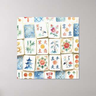 Mahjong Chinoiserie Tegels Waterverf Bloemen Vogel Canvas Afdruk