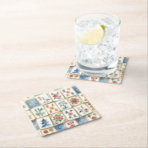 Mahjong Chinoiserie Tegels Waterverf Bloemen Vogel Kartonnen Onderzetters