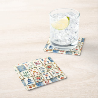 Mahjong Chinoiserie Tegels Waterverf Bloemen Vogel Kartonnen Onderzetters