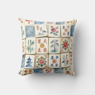 Mahjong Chinoiserie Tegels Waterverf Bloemen Vogel Kussen