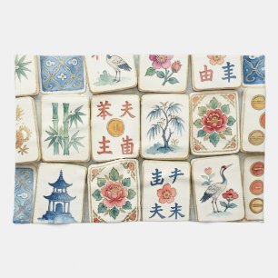 Mahjong Chinoiserie Tegels Waterverf Bloemen Vogel Theedoek