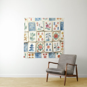 Mahjong Chinoiserie Tegels Waterverf Bloemen Vogel Wandkleed