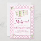 Mahjong Feest Uitnodiging, Roze Groen Coquette Kaart (Voorkant)
