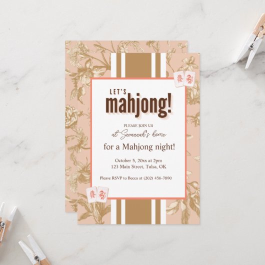 Mahjong-feestuitnodiging, toile, mahjongstenen kaart (Voorkant / Achterkant in situ)