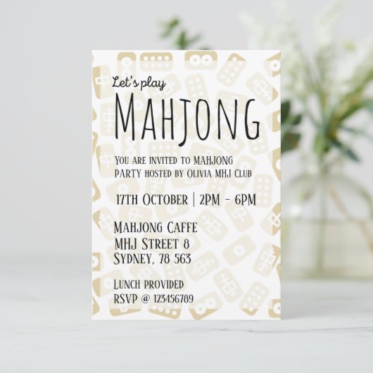 Mahjong feestuitnodiging - witte en bruine tegels kaart (Staand voorkant)