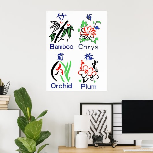 Mahjong Flower Suits, Blue, Red, Green, Black on W Poster (Thuiskantoor)