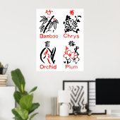Mahjong Flower Suits, Red & Black on White Poster (Thuiskantoor)