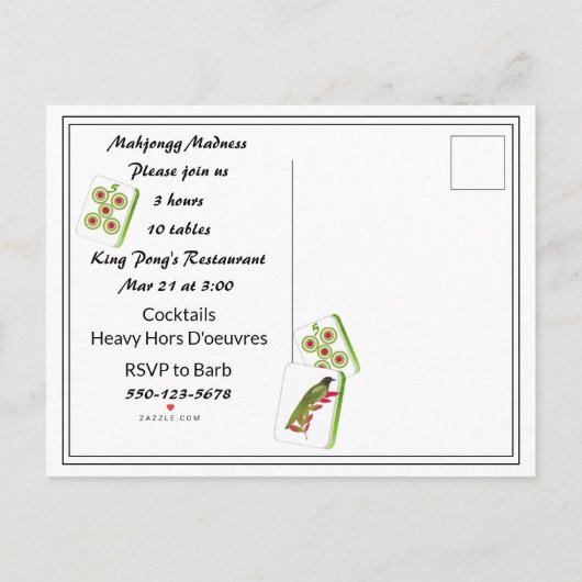 Mahjong Party Briefkaart Uitnodiging (Achterkant)