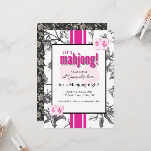 Mahjong Party Invitation, black pink toile, tiles Kaart (Voorkant / Achterkant in situ)