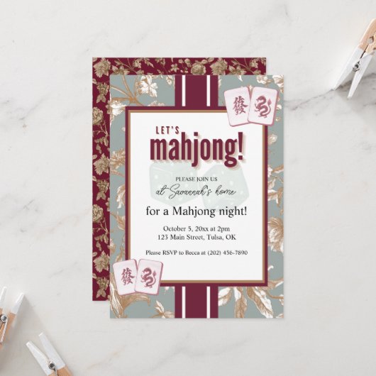 Mahjong Party Invitation, burgundy toile, tiles Kaart (Voorkant / Achterkant in situ)